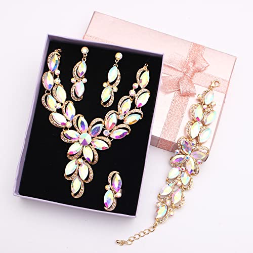 Jewelry Set for Women Rhinestone Austrian Crystal Statement Flower Necklace Link Bangle Bracelet Dangle Earrings Rings Allergy Free Wedding Party Jewelry Set for Bridal Bridesmaid - color: AB Crystal-Gold Plated