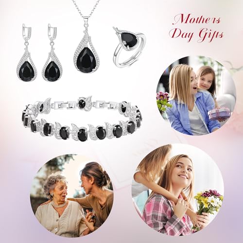 Jewelry Set for Bride, Sparkling Water Drop Cubic Zirconia Crystal Pendant Necklace Leverback Earrings Tennis Bracelet Adjustable Ring Gift for Wedding/Birthday/Mother's Day/Christmas - color: 16-Black
