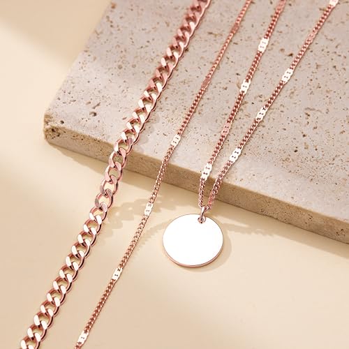 WomenGifts Layered Gold Necklaces for Women, 14K Gold Sterling Silver Plated Dainty Pendant Necklace Set Non Tarnish, Chunky Stackable Cuban Chain Choker, Trendy Birthstone Vacation Jewelry Gift - color: Rose Gold, style: Mirror Coin