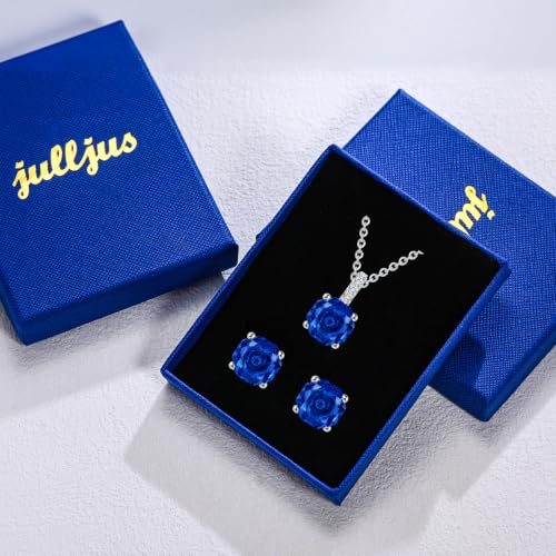 Rose Cut Silver Solitaire Necklace and Earring Set for Women, Jewelry Gift | Rose Cut, Cubic Zirconia, Necklace and Stud Earrings Set, Jewelry Set, Minimalist - color: Sapphire Blue