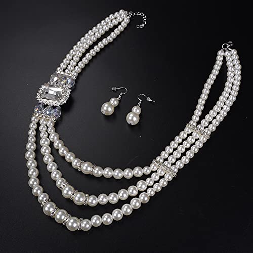 Aimimier 1920s 3-layered White Faux Pearl Necklace and Earrings Set with Crystal and Rhinestone Bridal Long Pearl Necklace Statement Women Jewelry - color: Crystal