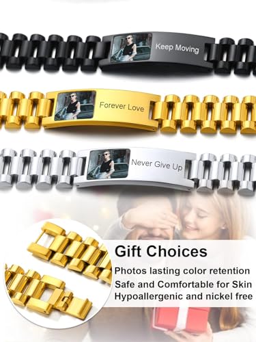 ChainsHouse Men Stainless Steel Bracelet Adjustable Custom ID Engraved Gift | Personalized Silver/Gold/Black for Birthday Father Husband Boyfriend with Gift Box Adjustable Tool 10mm/15mm/15.5mm 8.3"/8.7" - color: M.15mm width-Gold-Photo Custom