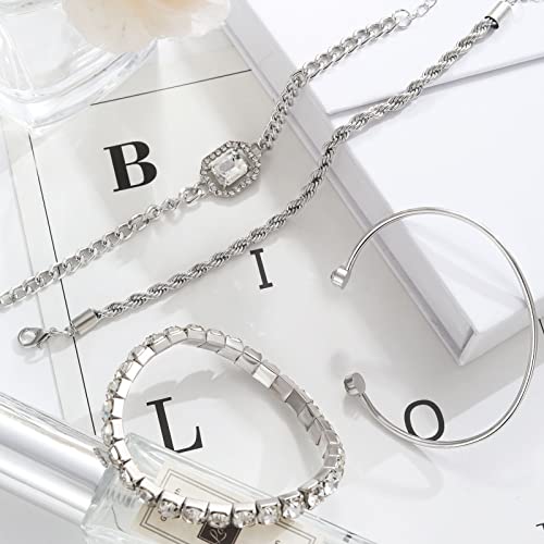 4 Pcs Dainty Gold Silver Bracelets Set for Women 14K Plated Link Cubic Zirconia Paperclip Stake Layering Chain Adjustable Trendy Hand Jewelry - color: Silver
