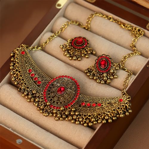 Frodete Indian Jewelry Sets for Women Traditional Bohemian Wedding Jewelry Set Indian Dresses for Women Oxidized Ethnic Party Prom Wear - color: C2:red indian necklace earring sets