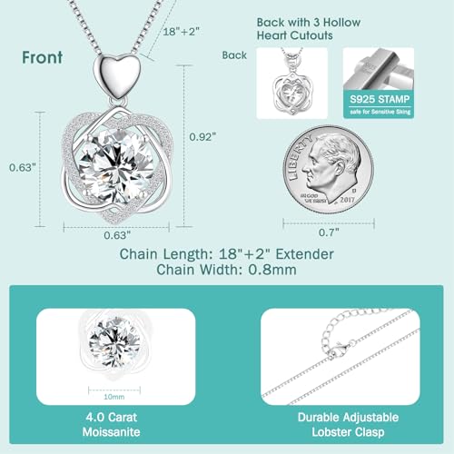 Moissanite Heart Necklace for Women, 2-5 Carat Moissanite Heart Pendant Necklace, S925 Sterling Silver Gold Plated, Double Love Heart Design Pendant, Anniversary Birthday Valentines Mothers Day Gifts for Wife Mom Girlfriend - style: 4.0 Carats-White Gold