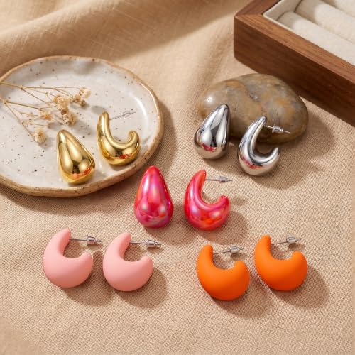 LETFLY 3/4/5 Pairs Teardrop Earrings for Women, Silver Plated Hypoallergenic Chunky Open Drop Hoop Earrings Set, Fashion Anniversary Birthday Jewelry Gifts for Women - color: Multicolor D