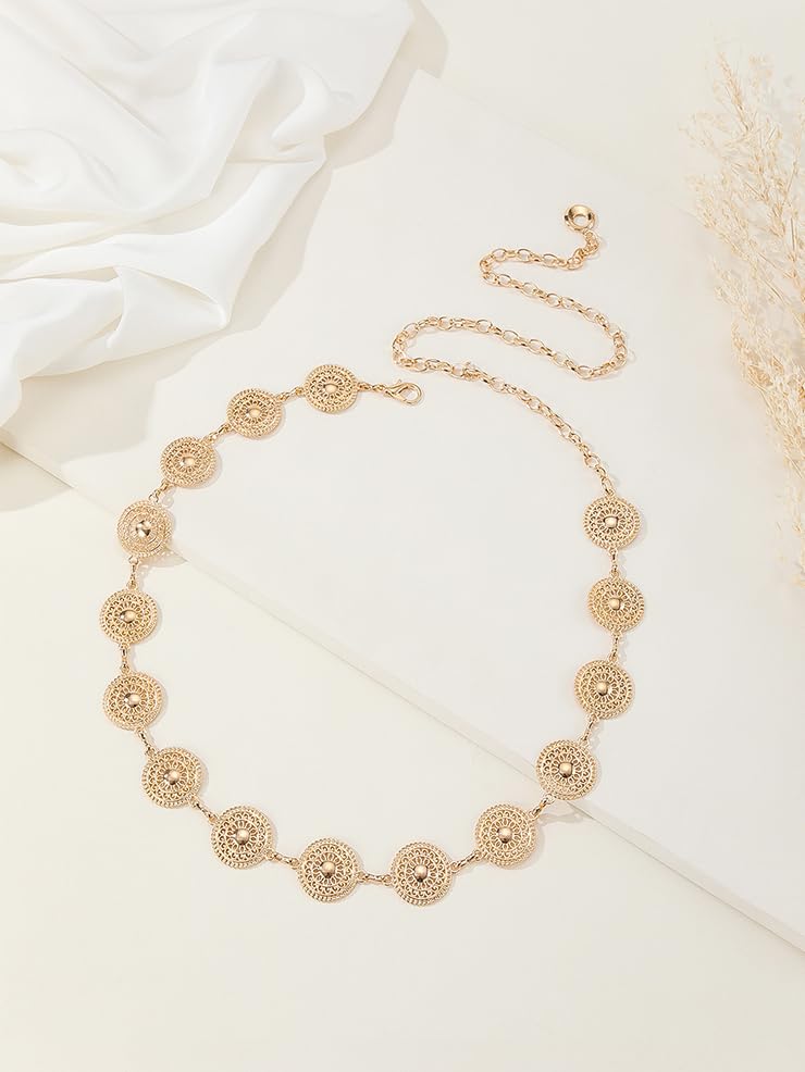 Women Western Concho Chain Belt - Fashion Gold Metal Waist Cowgirl Belt for Dresses Jeans - color: Silver-sun-flower