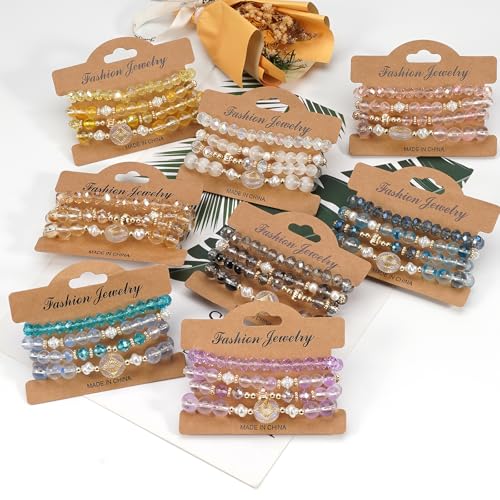 Boho Beaded Bracelet Set for Women - 4 Pcs Multilayer Stackable Crystal Glass Bead Bracelets with Faux Pearl Elastic Stretch Fashion Jewelry for Daily Wear, Beach, Party & Gifts - color: Black