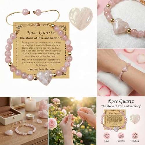 Heart Crystal Bracelet,Natural Gemstone Healing Bead Bracelet | Handmade Jewelry Gifts for Women Men,Graduation Gift for Her - color: Pink Quartz Bracelet