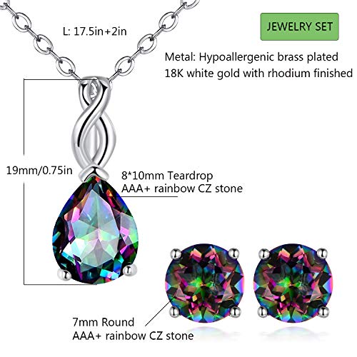 VOLUKA Created Opal/Amethyst/Mystic Topaz Pendant Necklace for Women,18K White/Rose Gold Plated Chain Wedding Engagement Jewelry Gift - color: G-Teardrop rainbow jewelry set