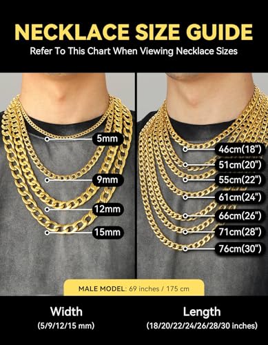 ChainsHouse Cuban Link Chain Necklace Men Women, 5/9/12/15mm Width, Stainless Steel/14K Gold Plated Cuban Necklace, 14"-30" Length, with Gift Box - color: L: Cuban-15mm-gold, size: 26.0 Inches