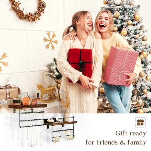 Lolalet Wall Mount Hanging Jewelry Organizer -Set of 2, Brown | Versatile Hanging Holder with Hooks for Earrings, Bracelets and Necklaces, Easy to Install on Bathroom Wall - color: Brown