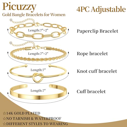 14K Gold Plated Stackable Bangle Bracelets Set for Women | Cuff Bracelet Stackable Bangles Bracelet for Women Trendy Fashion Accessories Tie Knot Cuban Rope Paperclip Beaded Bracelets - color: 4-layer GD