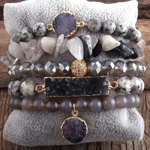 Yomisa 5PCS 6PCS Natural Boho Beaded Bracelets/Bangle for Women Men,Healing Turquoise Jasper Agate Crystal Gemstone Stone Chakra Multilayer Wrap Bohemian Handmade Jewelry Beads Stretch Bracelet Set - color: 5PCS-Gray