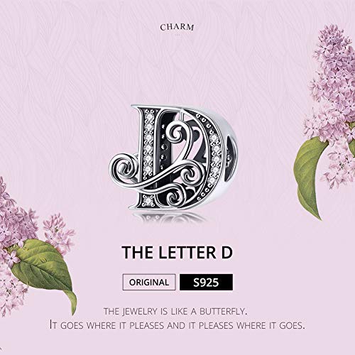 BISAER 925 Sterling Silver Initial Letter A-Z Charms for Bracelets Alphabet Beads Charm Jewelry Gifts - color: Letter D