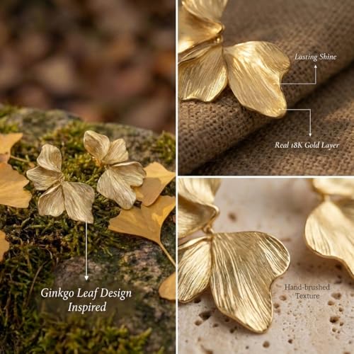 Chunky Gold Plated Flower Statement Drop Earrings for Women | Hypoallergenic 18K Gold Plated Textured Petal Wing, Large Statement Dangle Earrings for Wedding Party - color: Gold