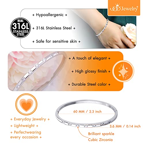 555Jewelry Stainless Steel Thin CZ Cuff Hinged Bangle Bracelet for Women - color: Silver