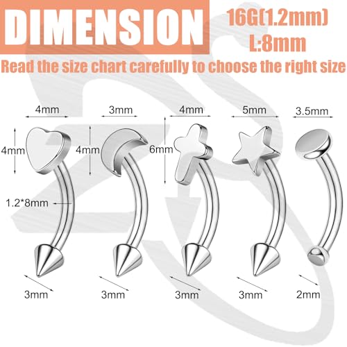 ZS 5Pcs Stainless Steel Eyebrow Rings, 16G Curved Belly Rings Navel Barbell Helix Daith Tragus Earrings Spike Vertical Labret Lip Piercing Jewelry - color: Sliver,L:8mm