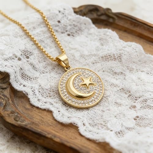 Star and Moon Circle Pendant Necklace for Men and Women, Retro Circle Charm Jewelry, Fashion Jewelry, Daily Wear, Birthday Gifts