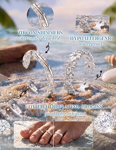 FASACCO 9Pcs 14K Gold Filled Toe Rings Non Tarnish Toe Rings for Women | Adjustable Open Band Ring, Silver Plated Toe Ring, Waterproof Summer Beach Foot Jewelry - color: Silver-CZ