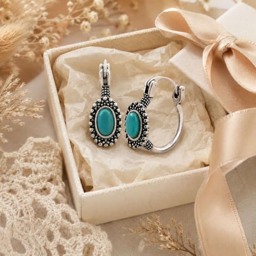 Turquoise Hoop Earrings for Women Vintage Silver Oval Turquoise Earrings Retro Boho Western Jewelry for Everyday Wear Birthday Gift