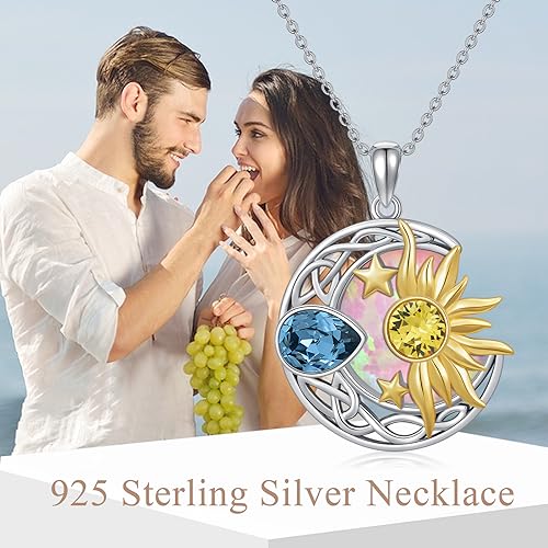 AOBOCO 925 Sterling Silver Moon Sun Star Necklace Celtic Jewelry for Women Girls - color: Silver&Gold&Pink Opal