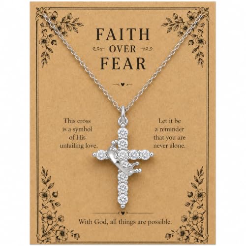 Cross Necklace for Women, Gold Plated Round Pendant with Cubic Zirconia - color: White Gold