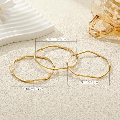 Awinesn 18K Gold Plated Bangles for Women Stainless Steel Glossy Stackable Thin Round Bracelets Solid Plain Polished Bangles Bracelets Set of 3 Jewelry for Women - size: 8 inches, style: wave-3-G