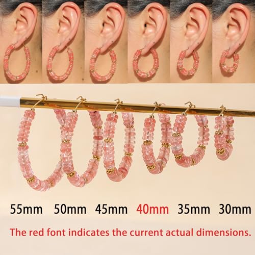 Wellike Beaded Hoop Earrings for Women Natural Stone Pink Gold Huggie Earrings Hypoallergenic Dainty Waterproof Trendy Jewelry - color: Rose Pink, size: 40mm