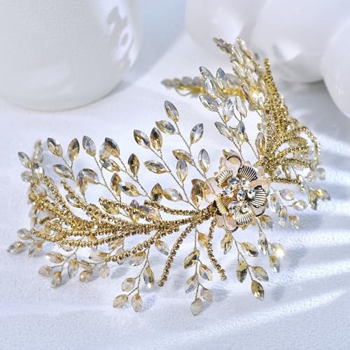 Bridal Headband,Rhinestone Crystal Floral Wedding Headpiece Flower Leaf Hair Accessories for Bride Wedding (Champagne) - color: Champagne