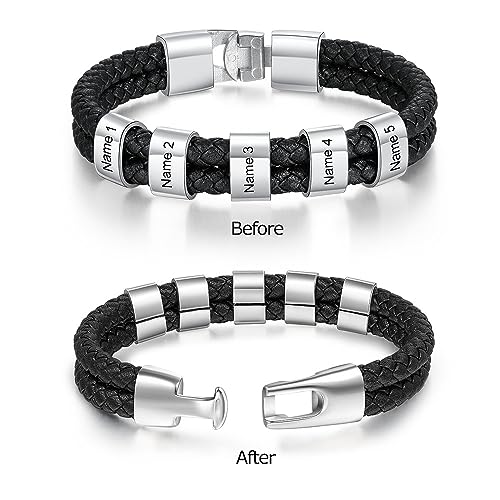 Personalized Braided Leather Bracelet with Photo Custom Name Beads Cuff Bangle Jewelry Gifts for Men Dad Husband Grandpa Fathers Day - color: Style 2--White-8.5inch