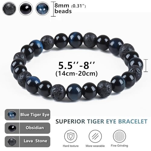 SAMXY Triple Protection Bracelet, 8mm Healing Crystal Bead Bracelet, 3pcs Blue Red Tiger's Eye Obsidian Hematite Bracelet Women Men - color: 3pcs-Blue