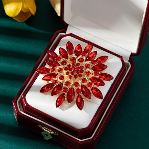 Rhinestone Flower Brooch Pin for Women Fashion Sparkling Crystal Sunflower Floral Brooch Floral Lapel Pins Fashion Wedding Jewelry Gifts - color: Red