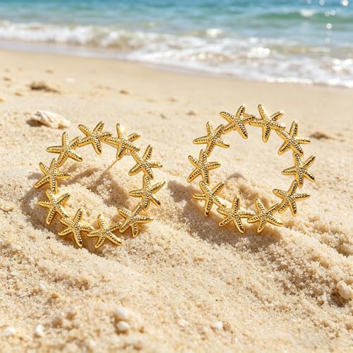 Gold Statement Earrings For Women, 14K Gold Plated Textured Geometric Drop Earrings - Hypoallergenic Stainless Steel Statement Earrings for Women, Waterproof Fan-Shaped Dangle Earrings for Beach & Daily Wear - color: Starfish DKE252030GL