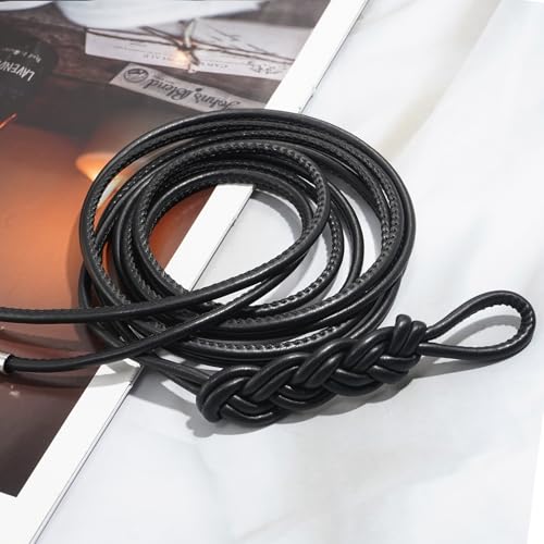 Women's Knotted Thin Waist Belt PU Leather Skinny Belts for Dresses Pants - color: Plaited Hair-black