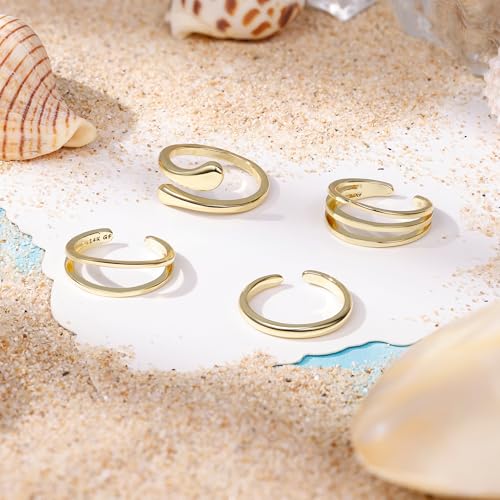 14K Gold Plated Toe Rings for Women Non Tarnish Adjustable Silver Gold Toe Ring Cubic Zirconia Daisy Flower Dainty Toe Rings Set Open Simple Band Ring Summer Beach Foot Jewelry - color: A-Gold