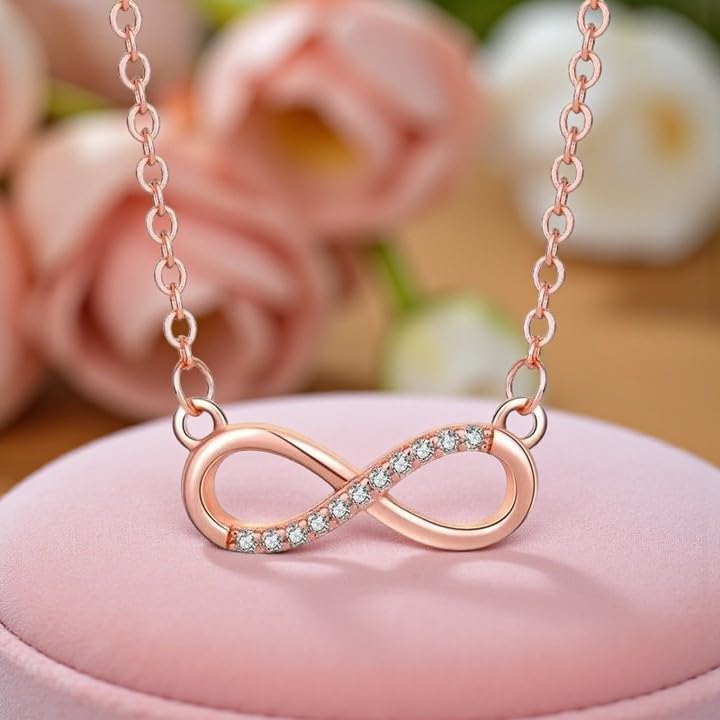 Nilu's Collection Infinity Pendant Necklace with American Diamond Stones For Women | Lightweight | Anti-Tarnish | Anti- Tarnish | Office Wear (Rose Gold)