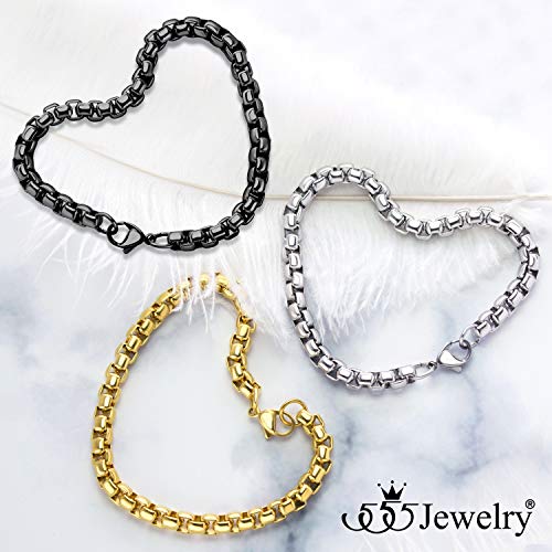 555Jewelry 5mm Stainless Steel Box Chain Bracelet for Men & Women, 6.5 to 9 Inch - color: Black