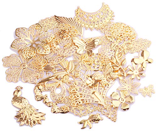 100g Gold Filigree Connectors Charms Pendants Findings Iron Metal Embellishments for DIY Hairpin Headwear Earring Jewelry Making, Nickel Free (Gold) - color: Gold