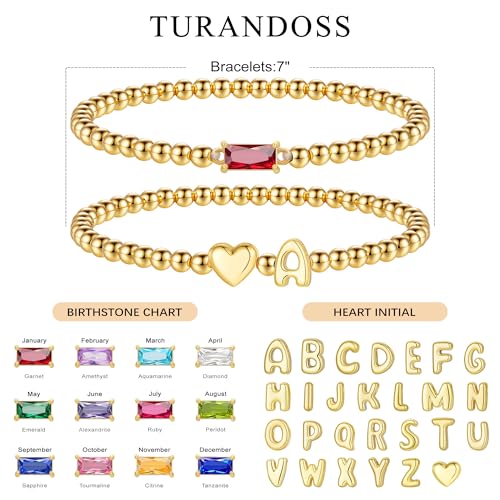 Turandoss Birthstone Beaded Bracelets for Women – Dainty 14K Gold Plated Heart Initial A-Z Charm Birthstone Bracelets, Stackable Waterproof Strand Bead Ball Bracelet Jewelry Birthday Gifts - color: Sep-Sapphire, style: S
