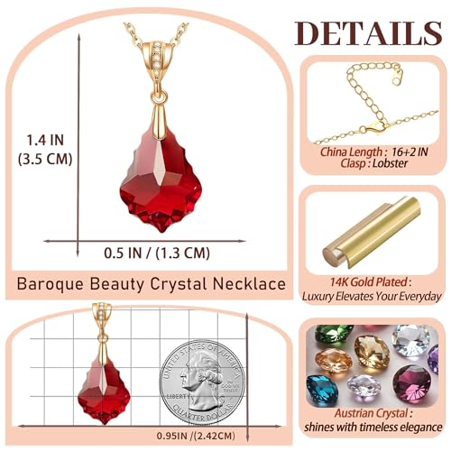 EVEVIC Teardrop Austrian Crystal Charm Pendant Necklace for Women | 14K Gold Plated,Adjustable Chain Fit,Elegant Teardrop Crystal,Gift Box Included,Perfect for Daily Wear and Special Events - color: Red