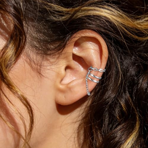 Ear Cuff Earrings for Women Non Piercing Helix Cartilage Clip on Ear Cuffs 14K Gold Plated & Sterling Silver Stainless Steel Hypoallergenic Huggie Hoop Fake Earring Set Jewelry Gift - color: K3-Silver Chain Set