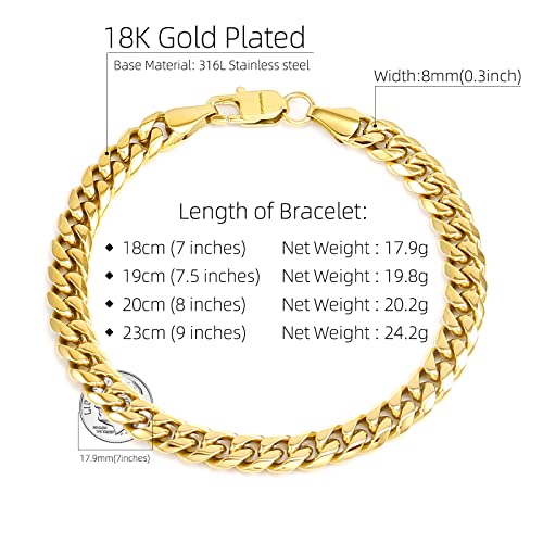 CaptainSteeL Cuban Bracelet for Men Stainless Steel Chain Link Bracelet | 8mm Width,7/7.5/8/9 Inch Length, Silver/18K Gold Plated,Men Bracelet,Waterproof Bracelet,Bithday ,Christmas gift - color: Cuban Chain Gold Plate, size: 8in