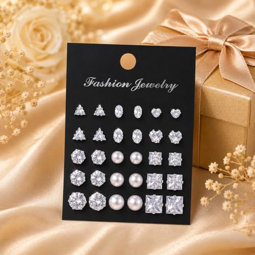 KISS WIFE CZ Stud Earrings Set for Women, Cubic Zirconia Stud Earrings in Multiple Sizes, Triangle Oval Heart Round Pearl Square Earrings, Hypoallergenic Silver Stud Earrings for Cartilage Piercing Jewelry - style: Triangle + Oval + Heart + Round + Pearl