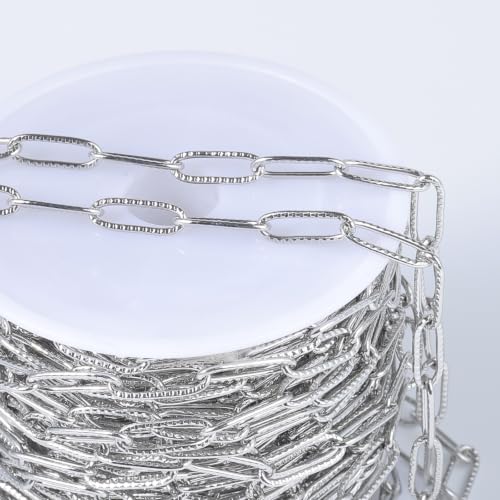 33FT Stainless Steel Paperclip Chain 4.3mm Silver Chain for Jewelry Making | Textured Cable Link Chains Roll Bulk for Necklace Bracelet Crafts - color: stainless steel color