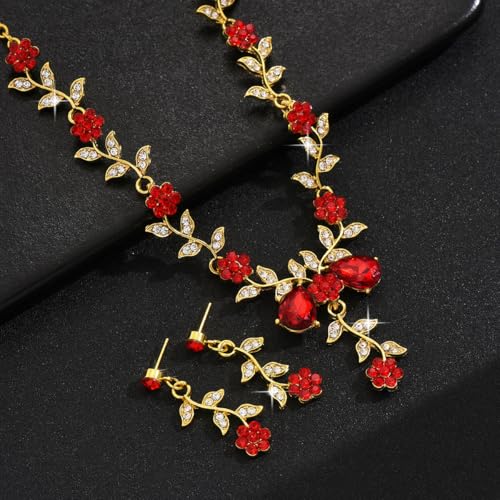 Kamirola Women's Wedding Jewelry Leaf Cluster Flower Crystal Dangle Earrings Pendant Necklace Set for BridalCrystal Bridal Jewelry Set - color: Gold Red