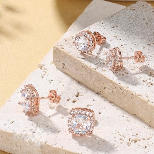 18K Gold Plated Halo Stud Earrings 925 Sterling Silver Cubic Zirconia Stud Earrings Round Square Diamonique Stud Earrings Set for Women Men - color: Rose Gold
