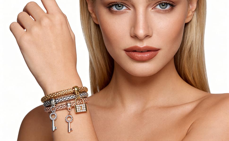 Alegend 14K Gold Plated Stackable Multilayer Bracelets + Titanium Steel(Not Rust, Resist Corruption, Easily Clean) 18K Gold Plated Single Bracelets - color: 14K Gold Crystal Keys and Locks