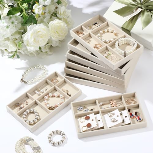 Highergo 8 Pcs Velvet Jewelry Trays Stackable Drawers Organizer Ring Earring Bracelet Necklace Storage Trays, 8.3x4.7x1''(6 Uneven Grids) - style: 6 Uneven Grids