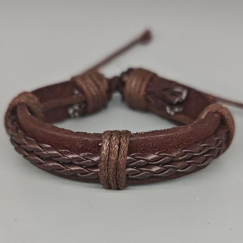 Adjustable Braided Leather Wrap Bracelet for Men Women, Vintage Handmade Hemp Rope Wristband, Boho Casual Hand Knotted Faux Leather Jewelry Gift